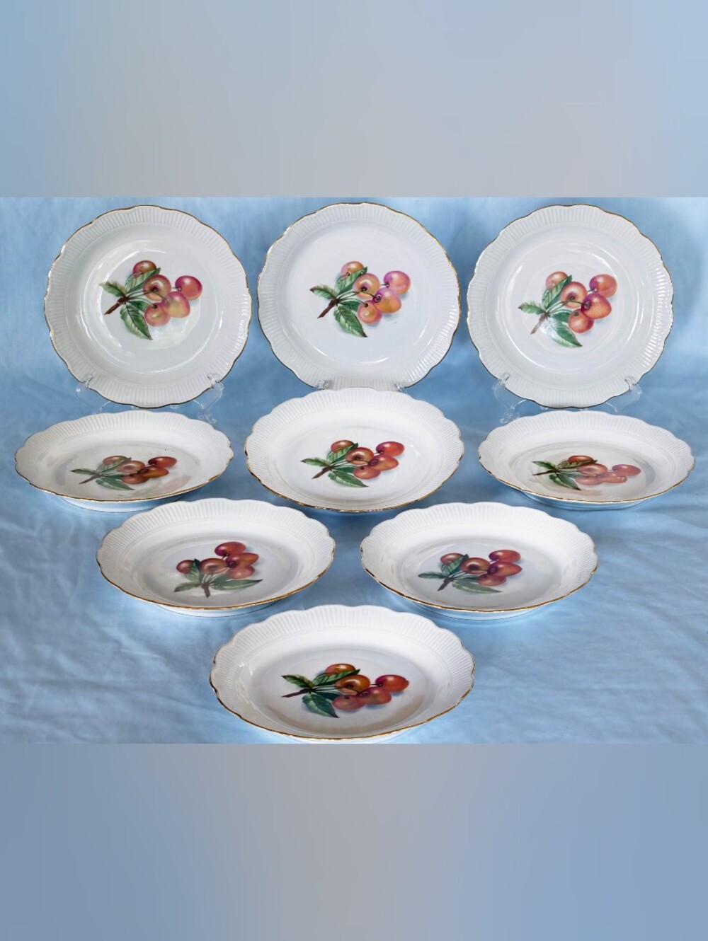 Beautiful Rare Vintage Chodziez Poland Dessert Plate Cherry Pattern - Set Of 9